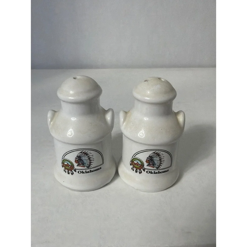 Vintage Oklahoma Souvenir Milk Jug Salt and Pepper Shakers Ceramic White Set